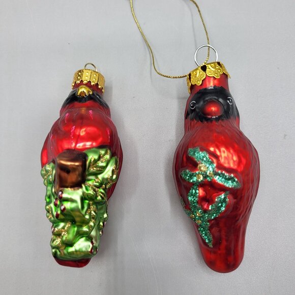 Blown Glass Red Cardinal Bird Christmas Ornaments Set Of 2 Holiday Tree Decor - Picture 3 of 8
